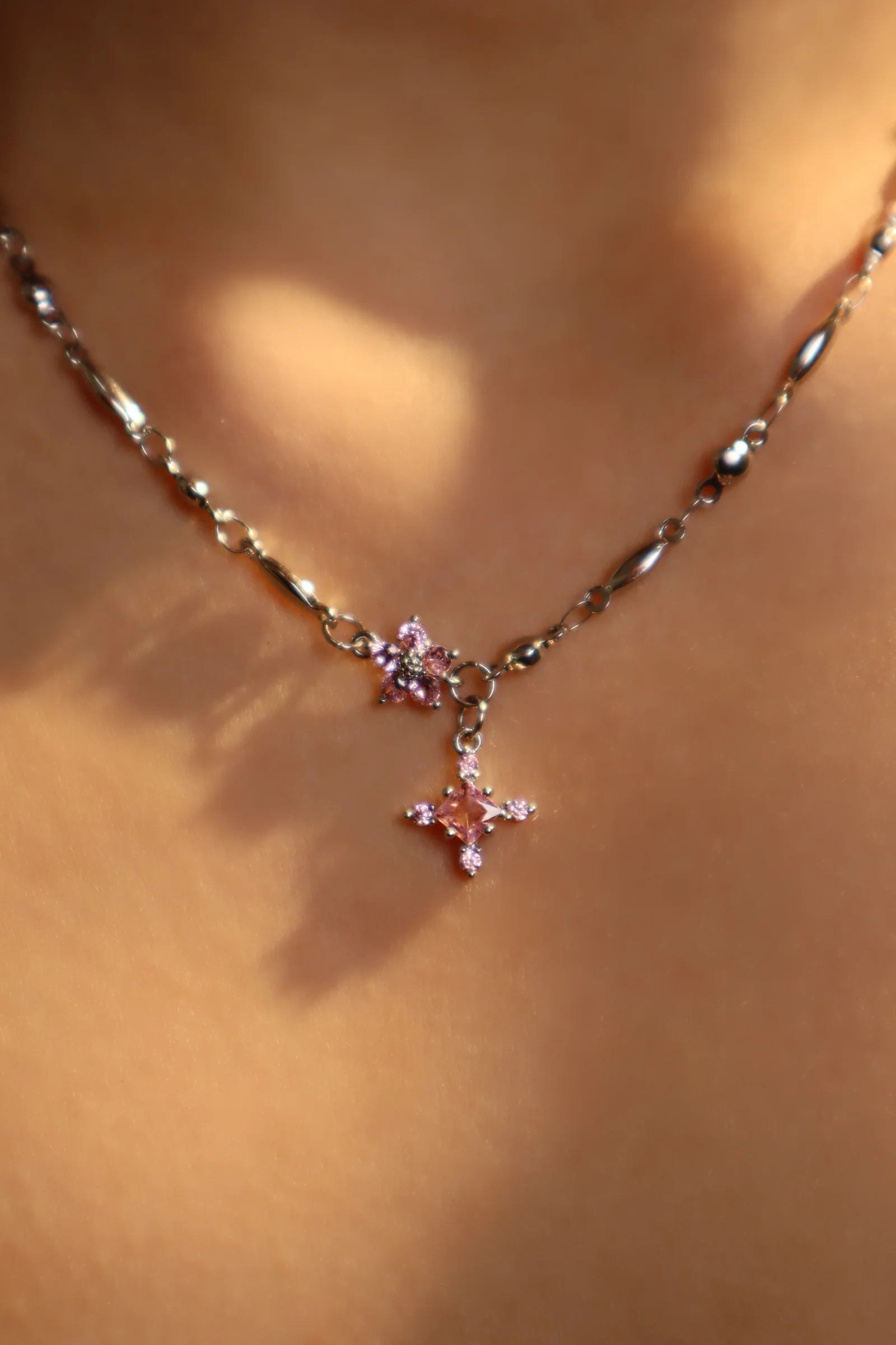 Palladium White Gold Plated Pink Starlight Necklace - Image 18