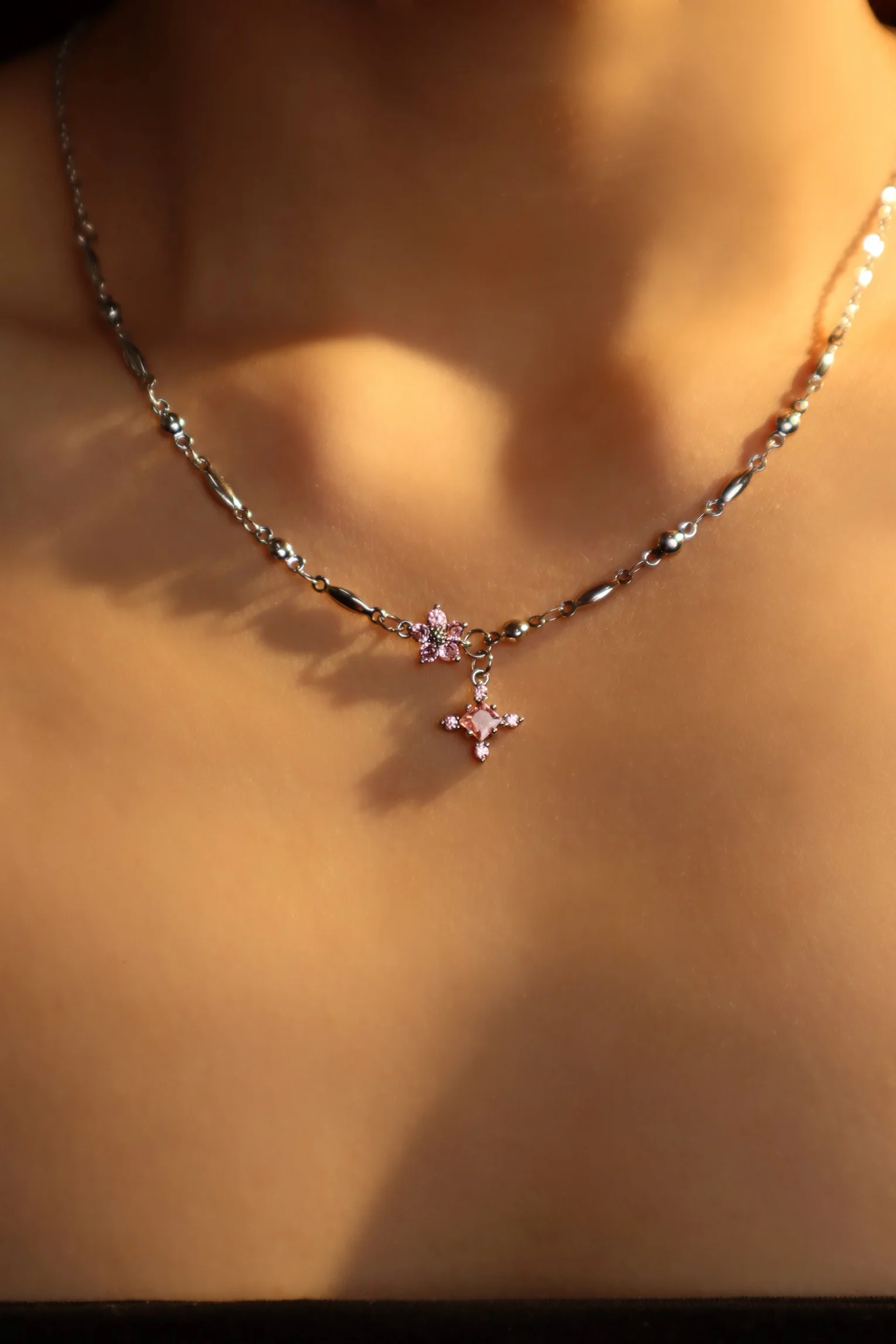 Palladium White Gold Plated Pink Starlight Necklace - Image 19