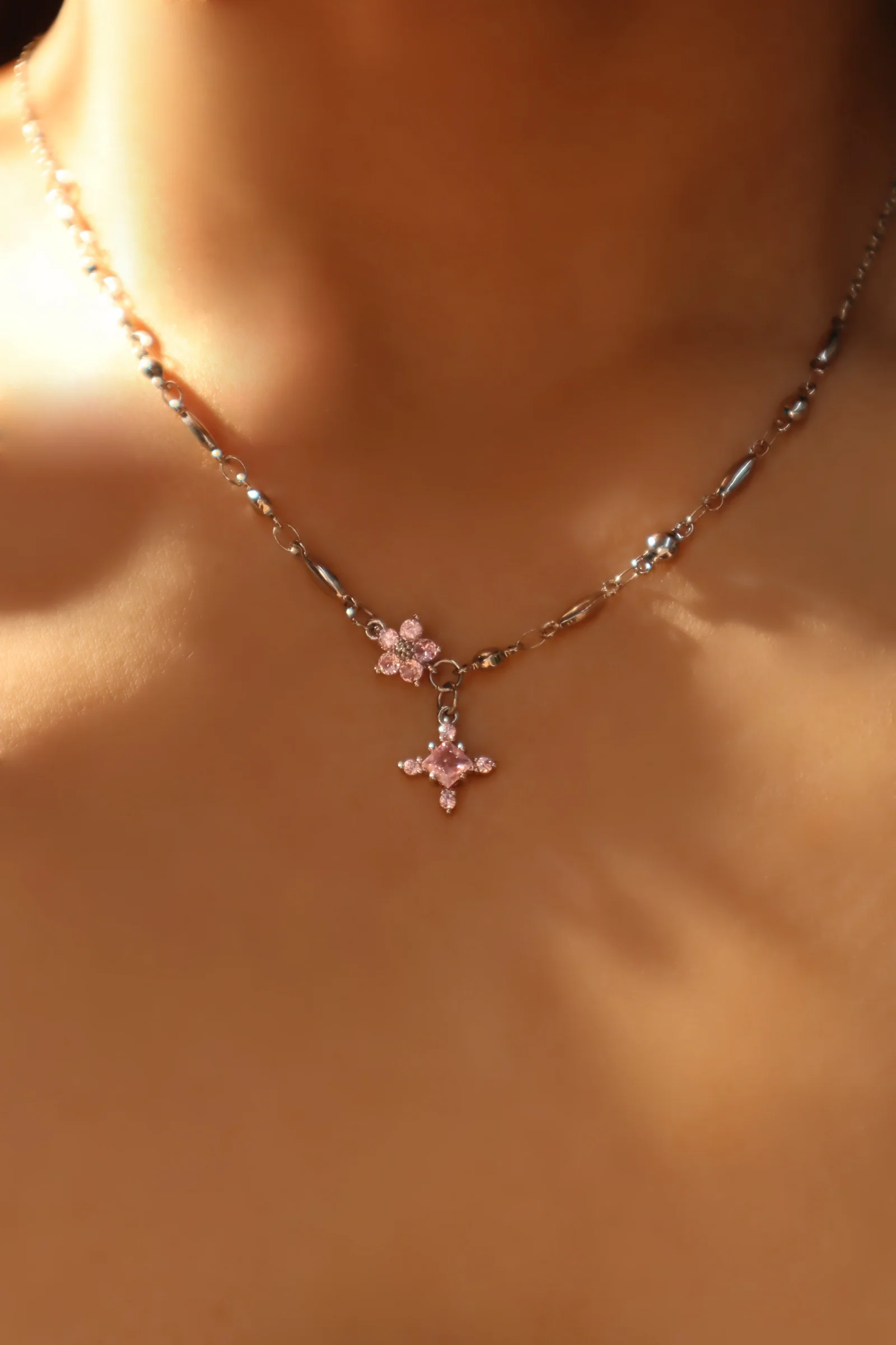 Palladium White Gold Plated Pink Starlight Necklace - Image 3