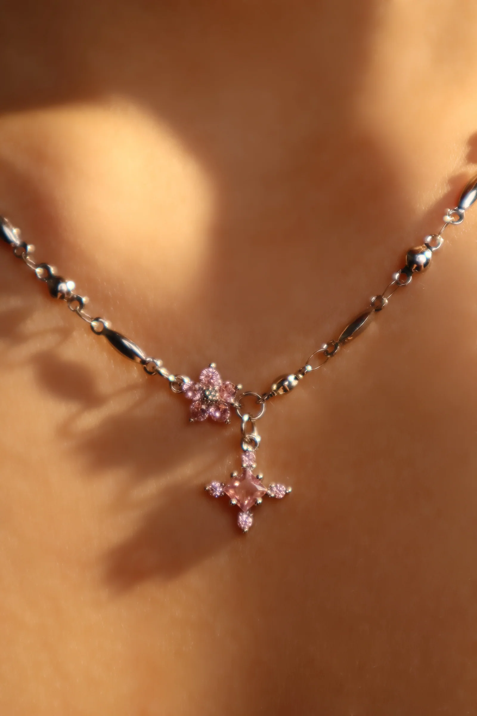 Palladium White Gold Plated Pink Starlight Necklace - Image 7