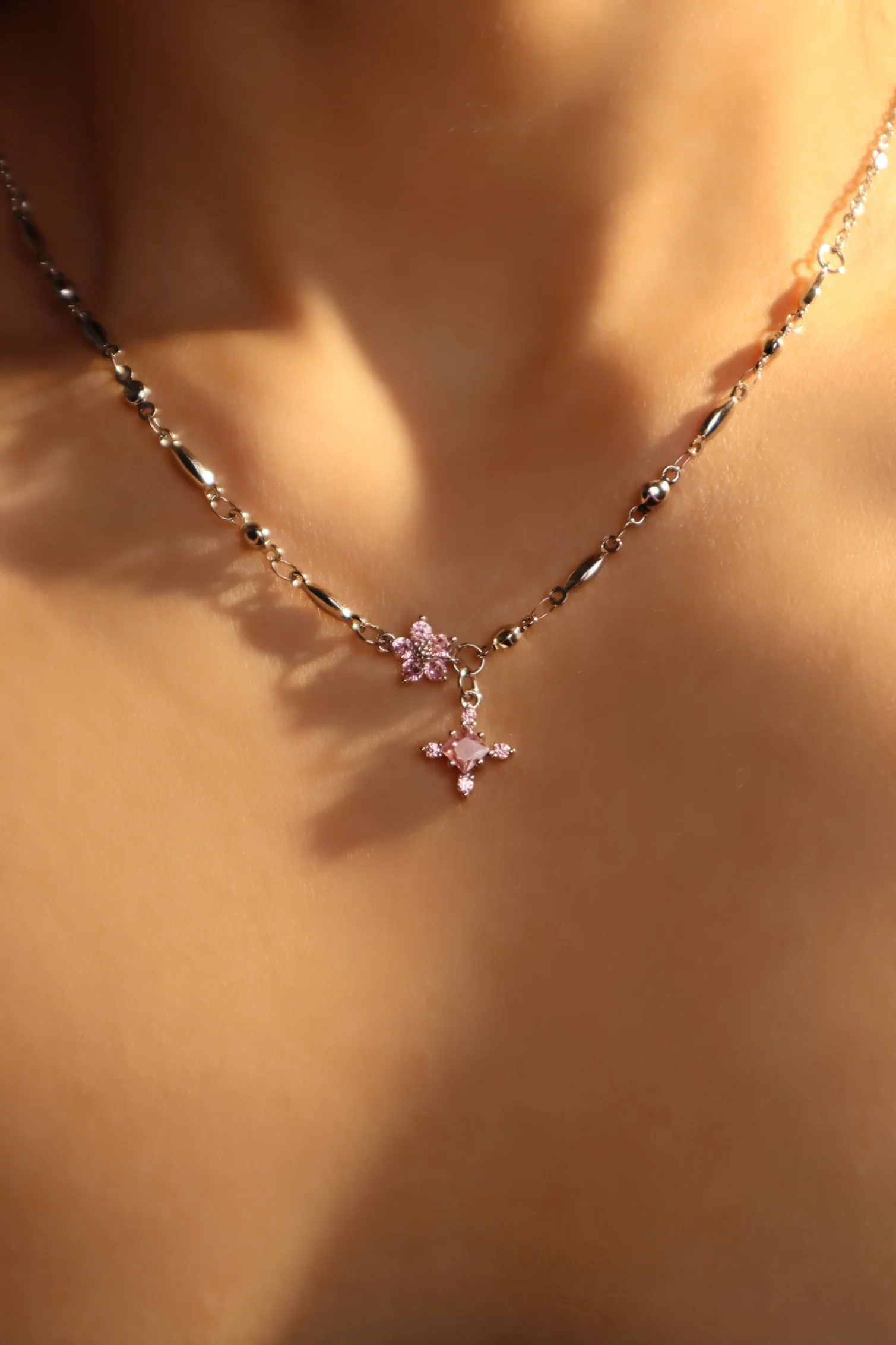 Palladium White Gold Plated Pink Starlight Necklace - Image 8
