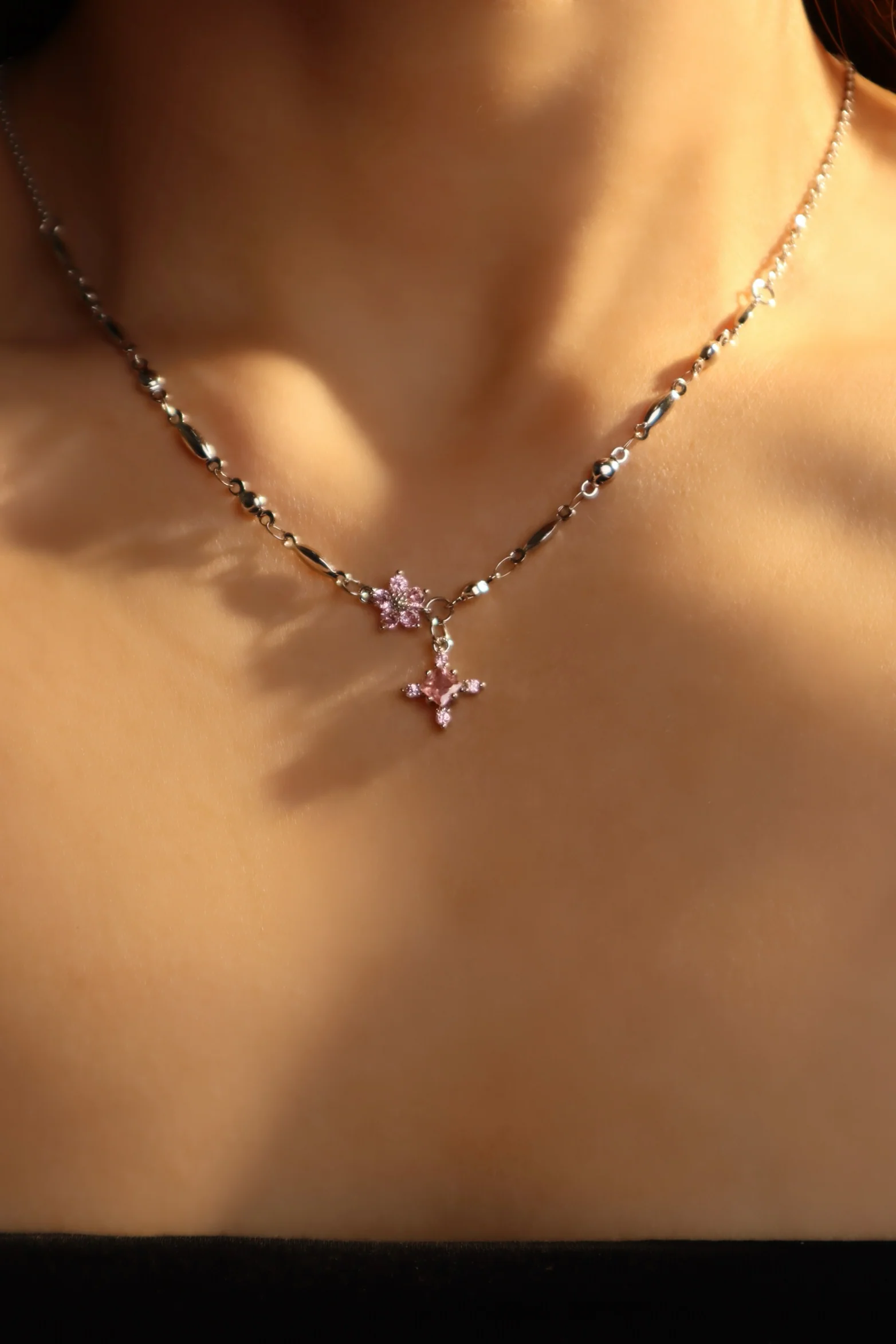 Palladium White Gold Plated Pink Starlight Necklace - Image 9
