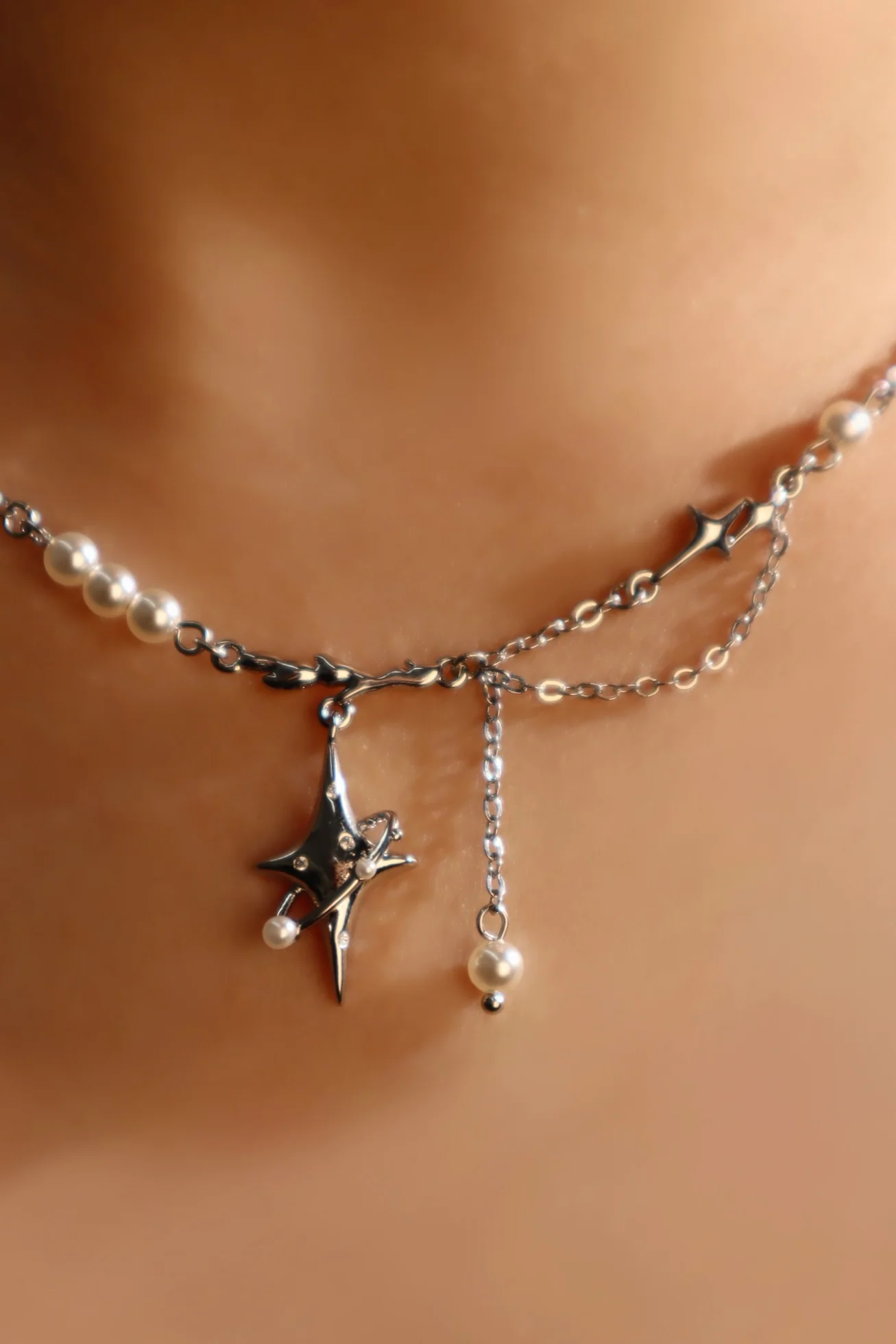 Palladium White Gold Plated Saturn Star Spiral Pearls Necklace - Image 3