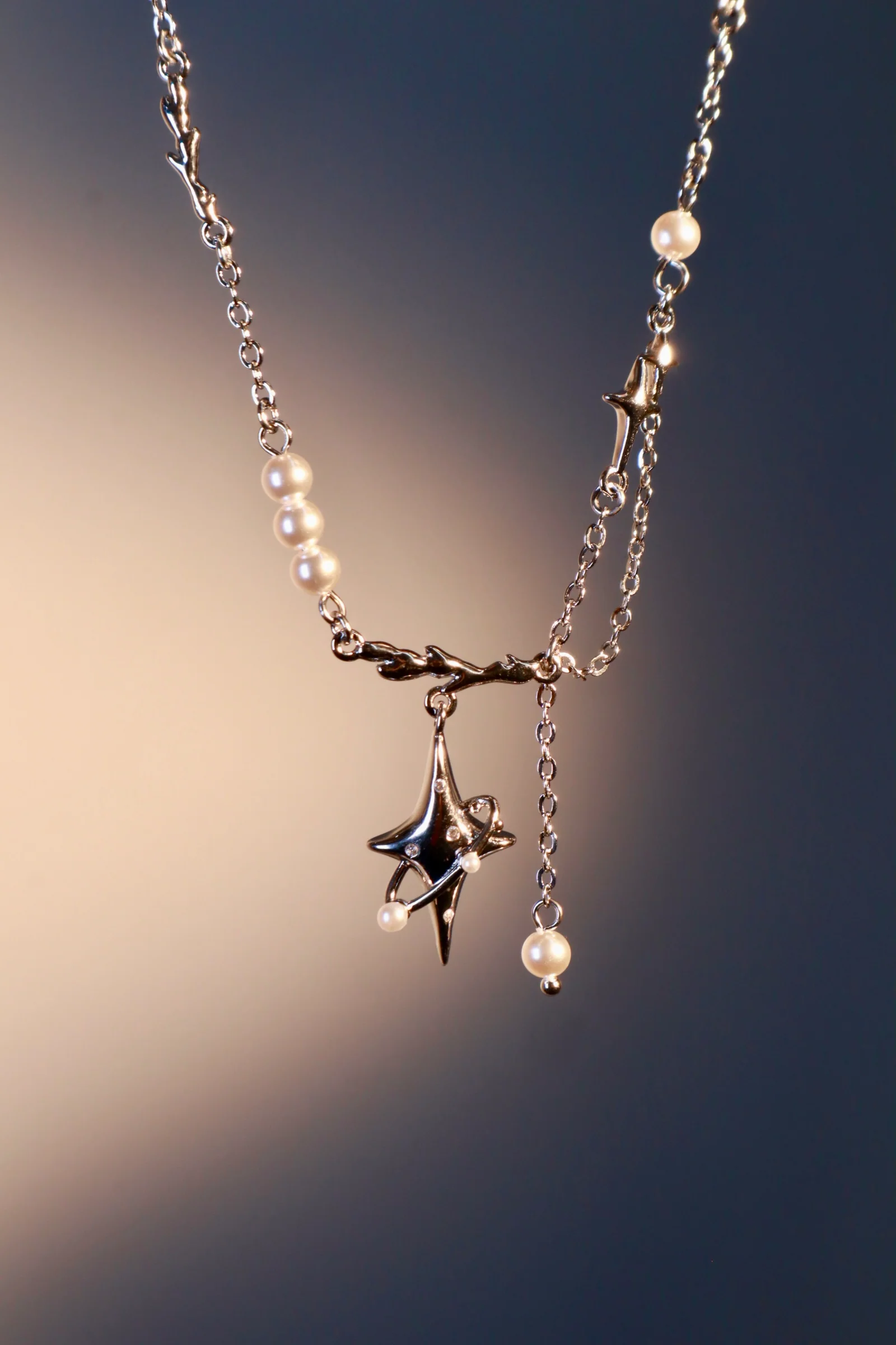 Palladium White Gold Plated Saturn Star Spiral Pearls Necklace - Image 4